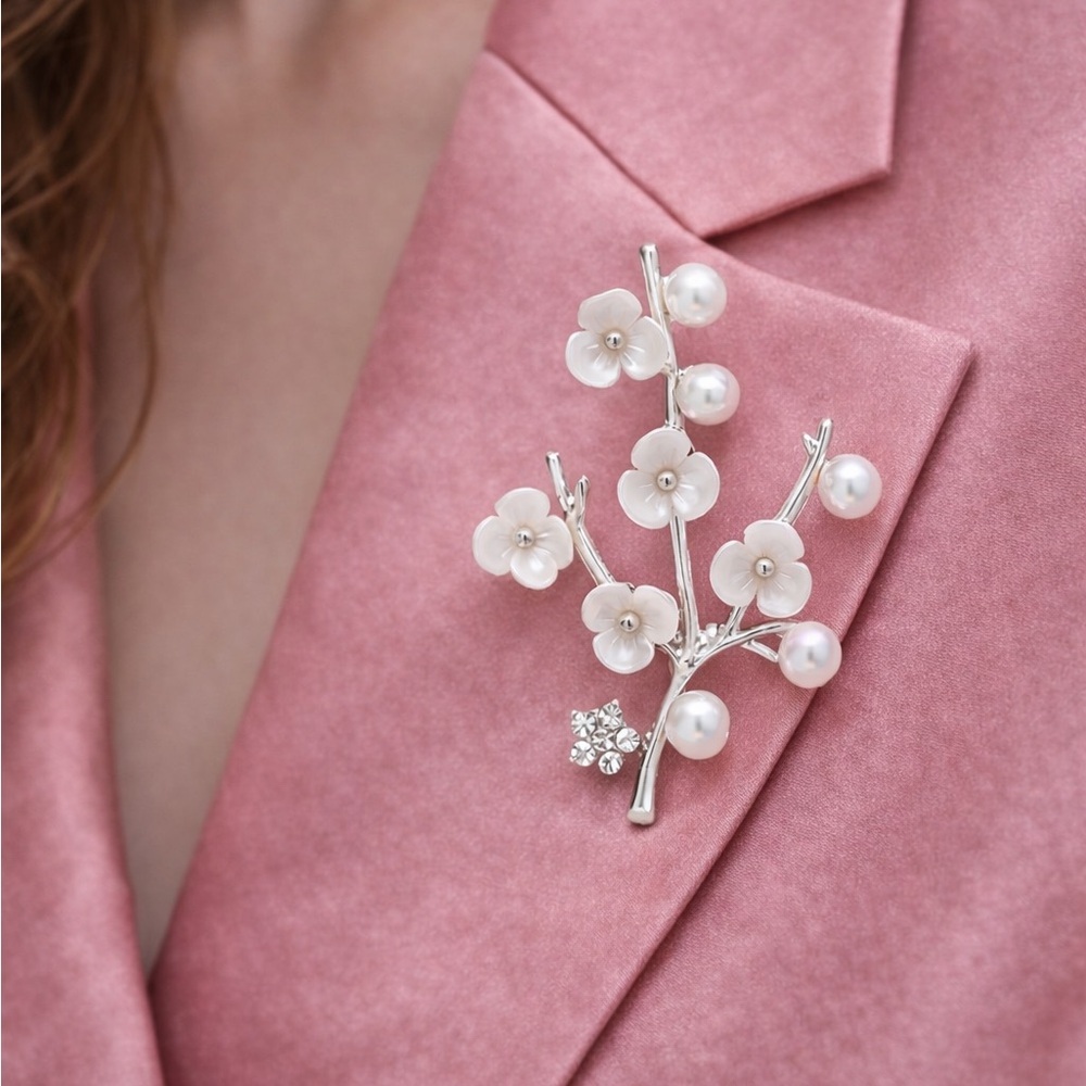 Cherry Silver Blossom Pearl Branch Brooch